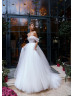 Off Shoulder Beaded White Tulle Princess Wedding Dress